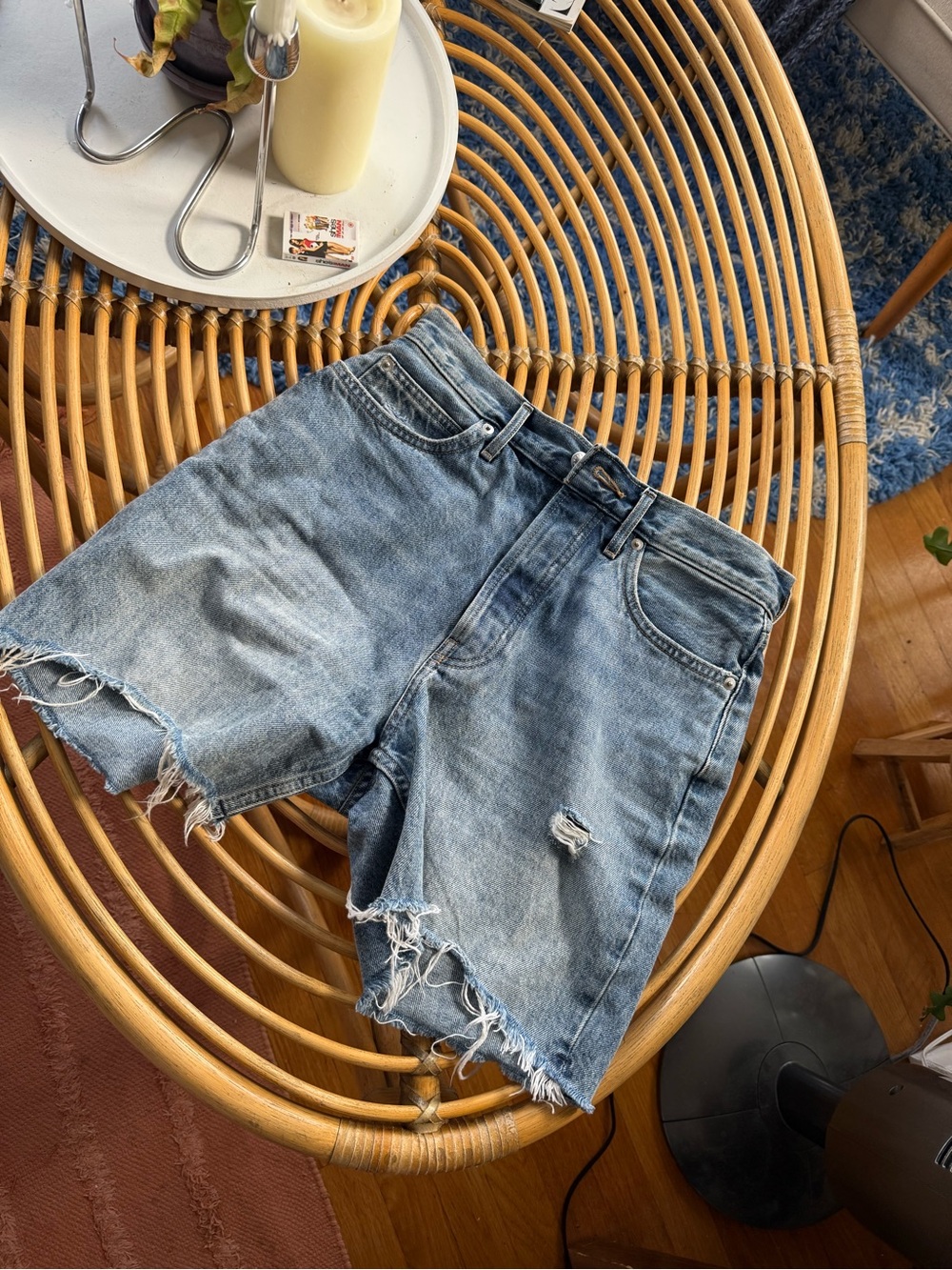 Everlane Light Blue Distressed High-Rise Denim Shorts